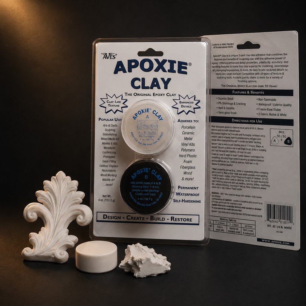 Aves Apoxie Clay quarter-pound White blister card with both jars, a cured white ornament, disc and torn lump