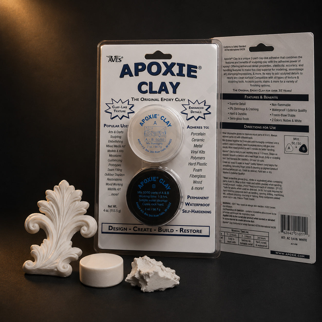 Aves Apoxie Clay quarter-pound White blister card with both jars, a cured white ornament, disc and torn lump