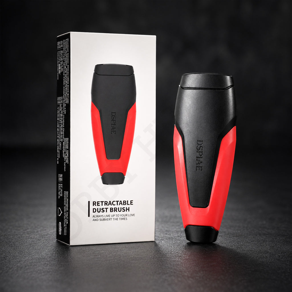 DSPIAE PT-RDB retractable dust brush in red and black beside its printed retail box