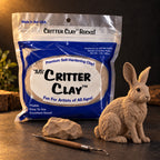 Aves Critter Clay 1 lb bag in Native with a lump of tan clay, a sculpting tool and a sculpted hare