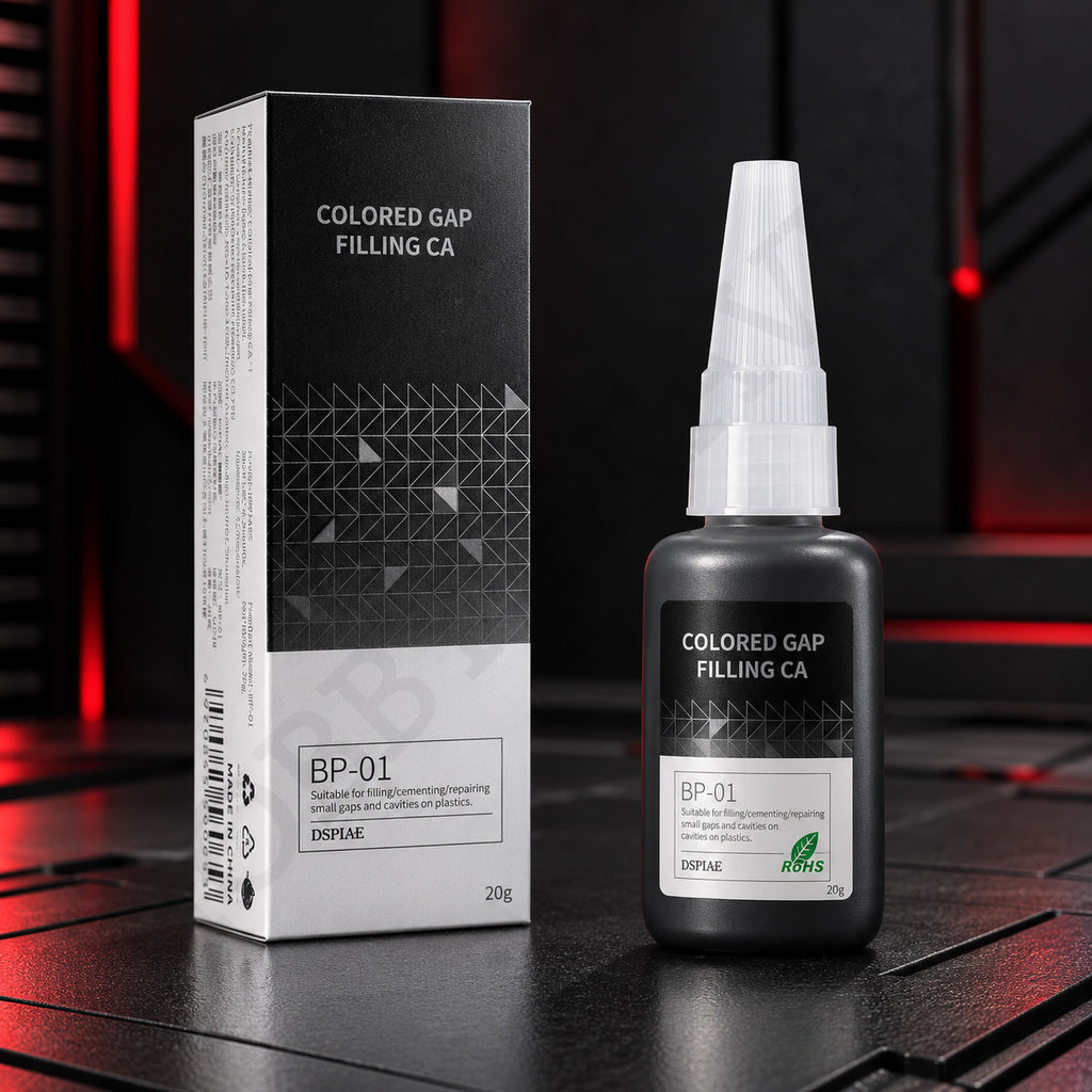DSPIAE BP-01 Colored Gap Filling CA, black 20 g bottle with clear nozzle cap beside its black and white box