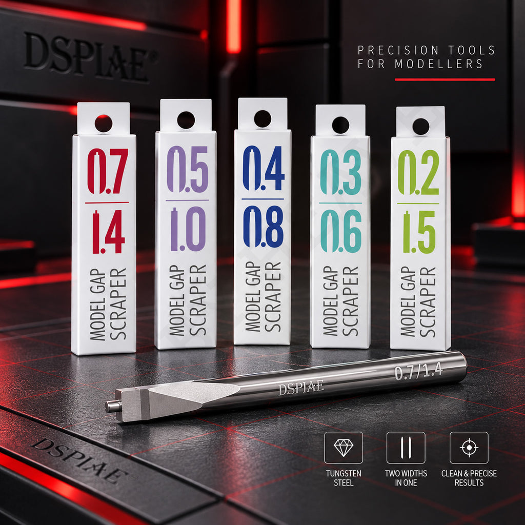 DSPIAE GS model gap scrapers: five retail boxes from 0.2/1.5 to 0.7/1.4 mm and a bit engraved 0.7/1.4