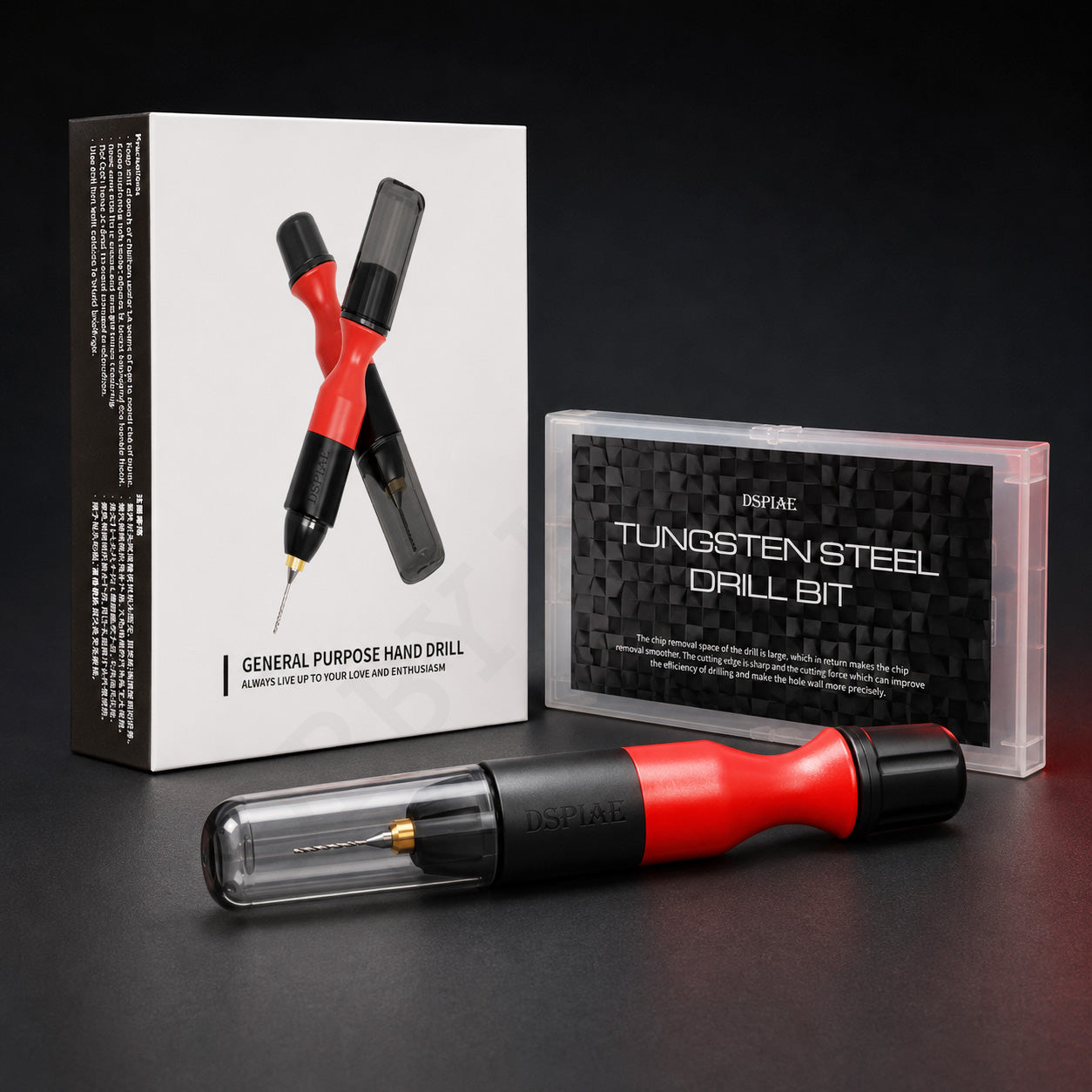 DSPIAE PT-HD hand drill in red and black beside retail box and drill bit case
