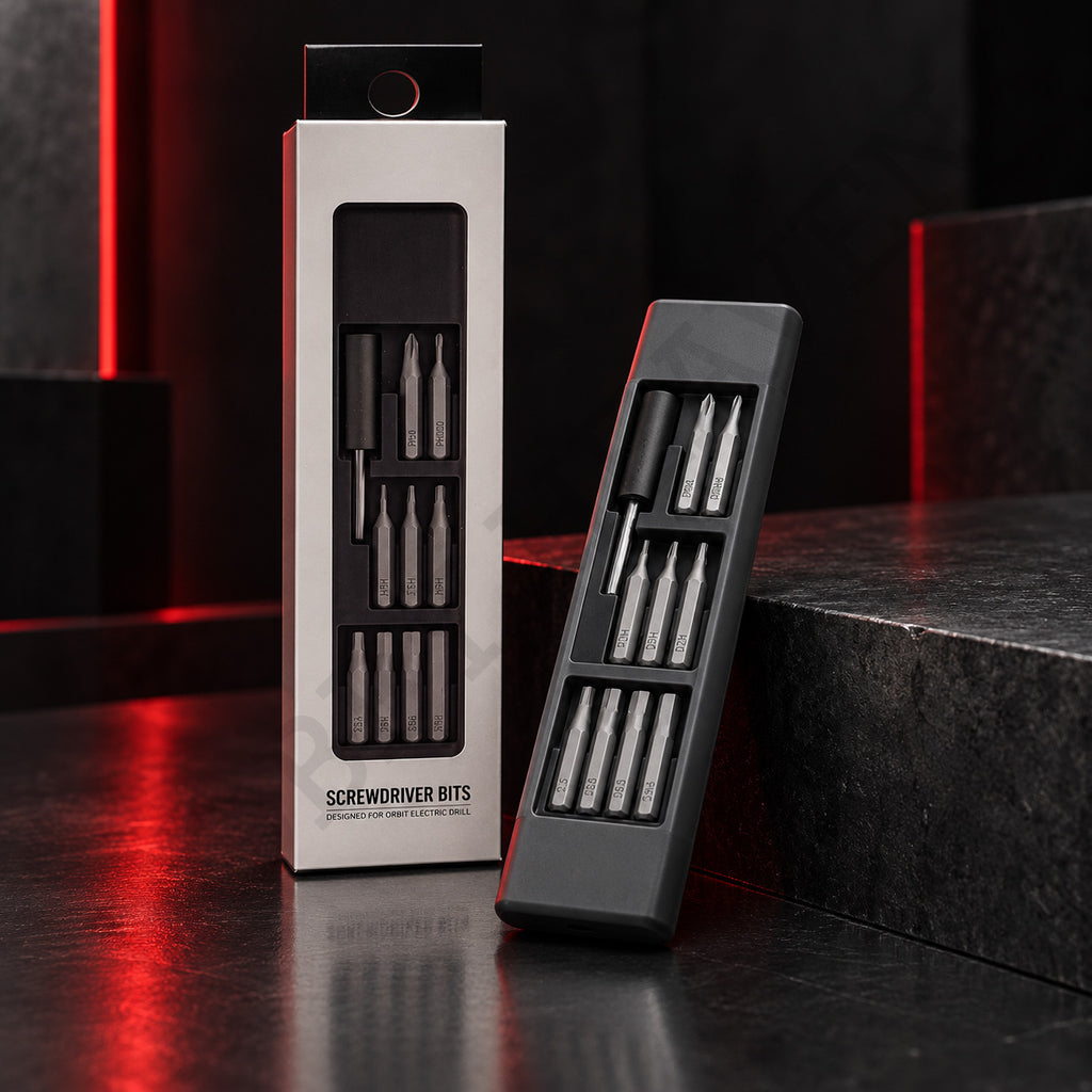 DSPIAE SD-S01 screwdriver bits in a grey case beside the box printed Designed for Orbit electric drill