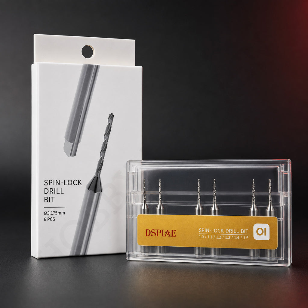 DSPIAE XDB-S01 retail box beside the clear case with gold label holding six spin-lock drill bits sized 1.0 to 1.5 mm