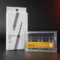DSPIAE XDB-S01 retail box beside the clear case with gold label holding six spin-lock drill bits sized 1.0 to 1.5 mm