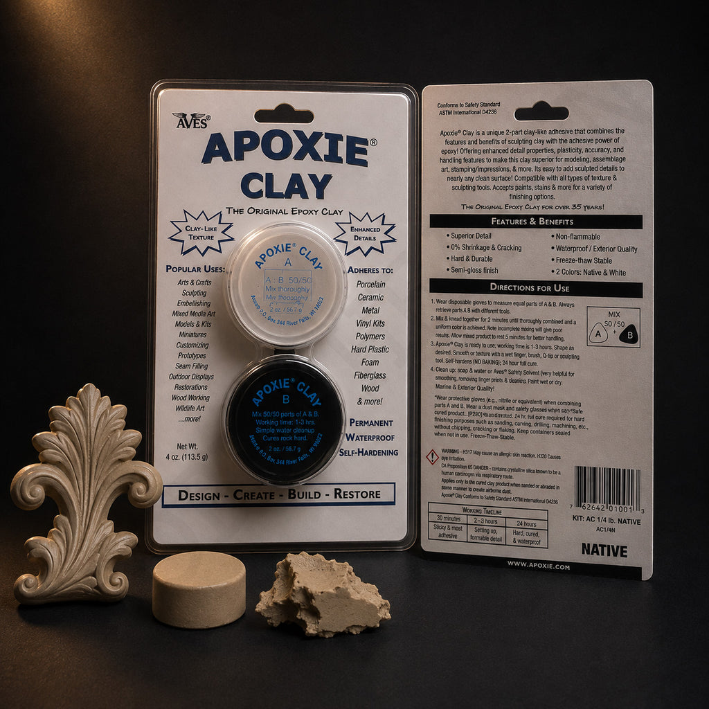 Aves Apoxie Clay quarter-pound Native blister card with both jars, a cured tan ornament, disc and torn lump