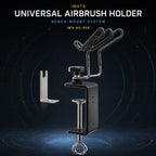 Iwata IWA-AH-400 universal airbrush holder with two wire hangers, bench clamp and spray-out pot bracket on dark background