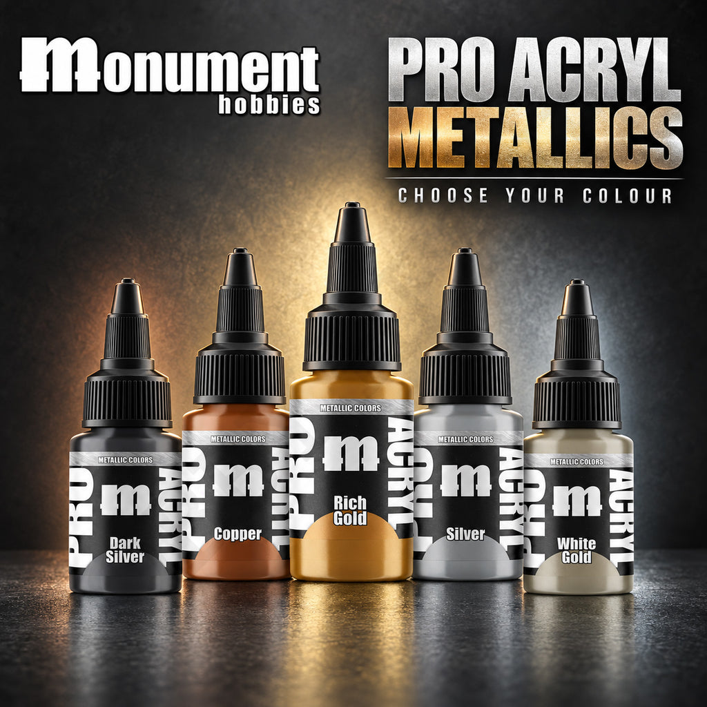 Monument Hobbies Pro Acryl Metallic range — 22ml bottles in assorted metallic colours