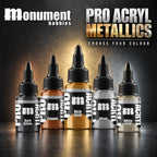 Monument Hobbies Pro Acryl Metallic range — 22ml bottles in assorted metallic colours