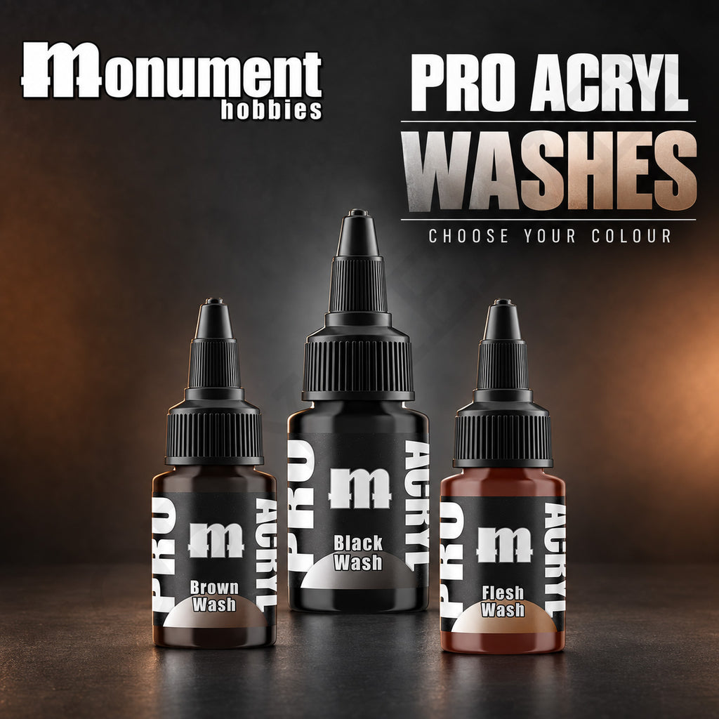 Monument Hobbies Pro Acryl Wash range — three 22ml wash bottles