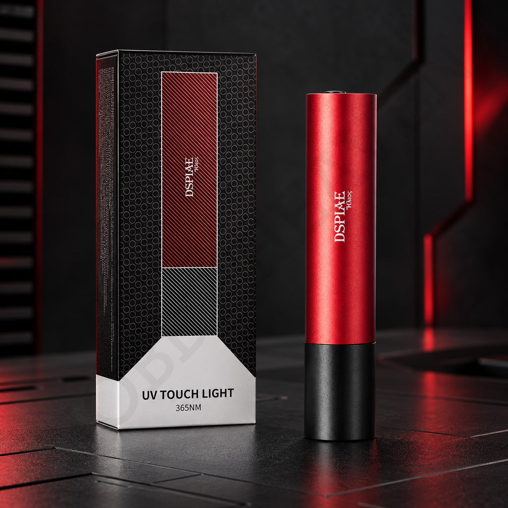 DSPIAE UV-T UV touch light, red and black body, beside its box printed UV TOUCH LIGHT 365NM