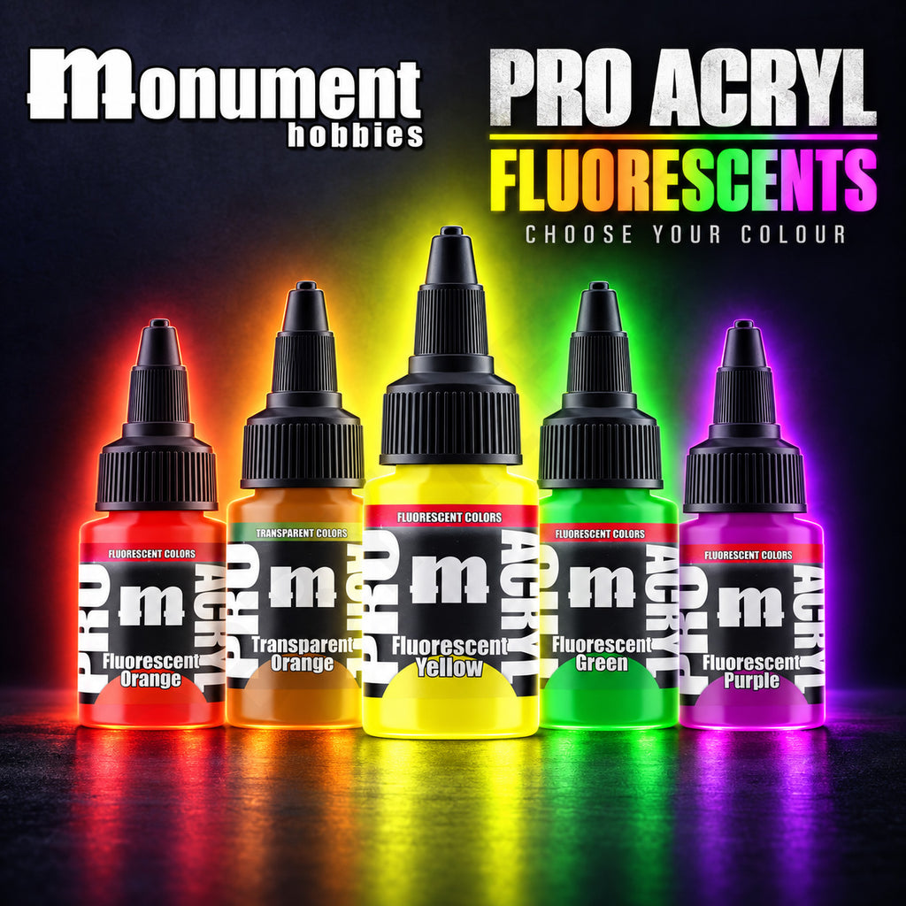 Monument Hobbies Pro Acryl Fluorescent range — six 22ml bottles in vivid colours