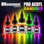 Monument Hobbies Pro Acryl Fluorescent range — six 22ml bottles in vivid colours