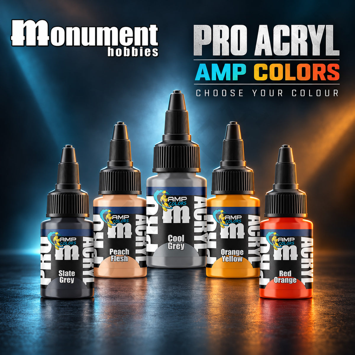 Monument Hobbies Pro Acryl AMP Colors — 22ml bottles developed with Atomic Mass Games