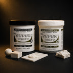 Aves Super White Apoxie Part A and Part B jars beside cured white samples: a ball, a block, a smoothed tile and a torn lump