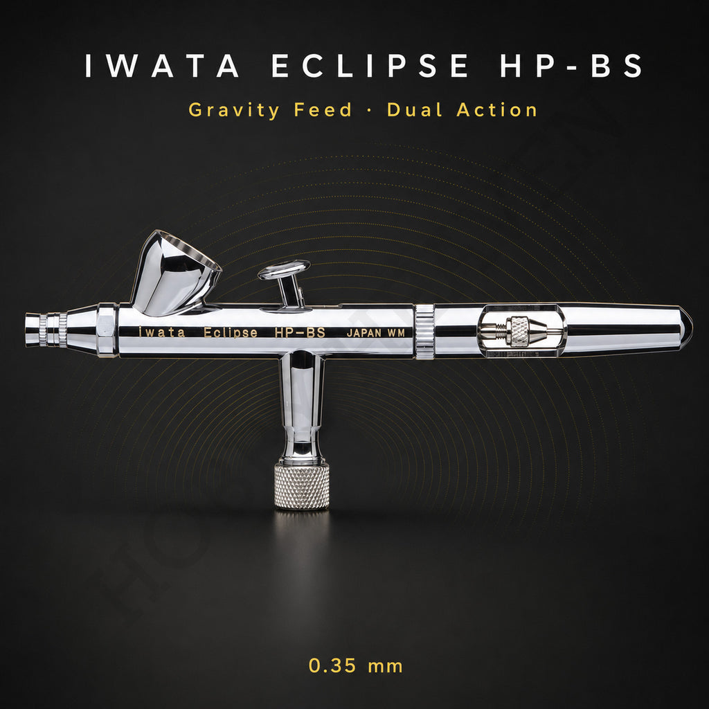 Iwata Eclipse HP-BS shown full length against dark grey, cutaway handle and trigger in view