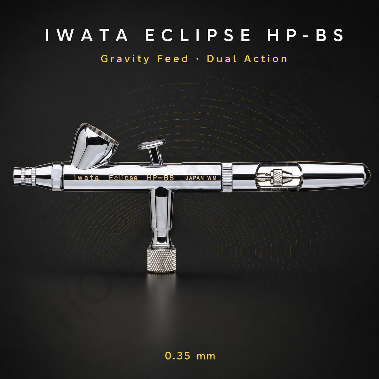 Iwata Eclipse HP-BS shown full length against dark grey, cutaway handle and trigger in view