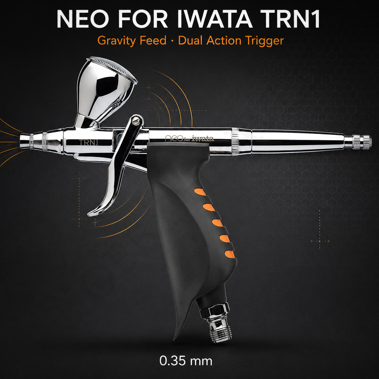 Neo for Iwata TRN1 trigger airbrush against black, 7 ml gravity cup above an orange-ribbed pistol grip