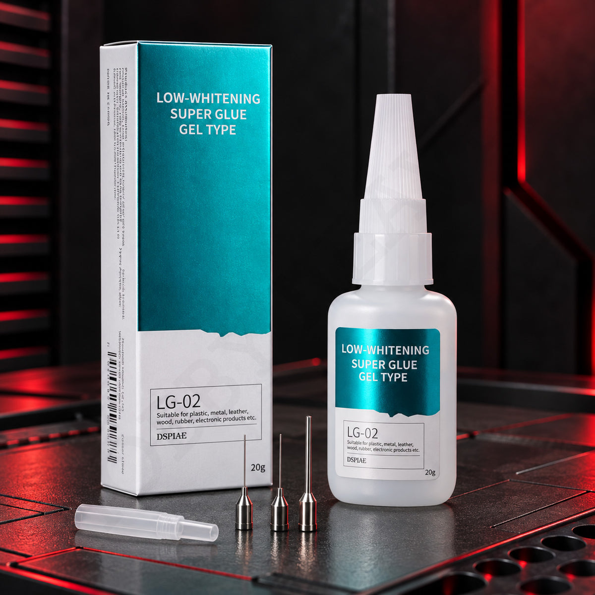 DSPIAE LG-02 Low-Whitening Super Glue Gel Type, 20 g bottle beside its box, with three steel nozzles and a plastic tube