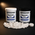 Aves Apoxie Clay 3 lb kit: Part A and Part B 24 oz jars with a cured white acanthus ornament and disc