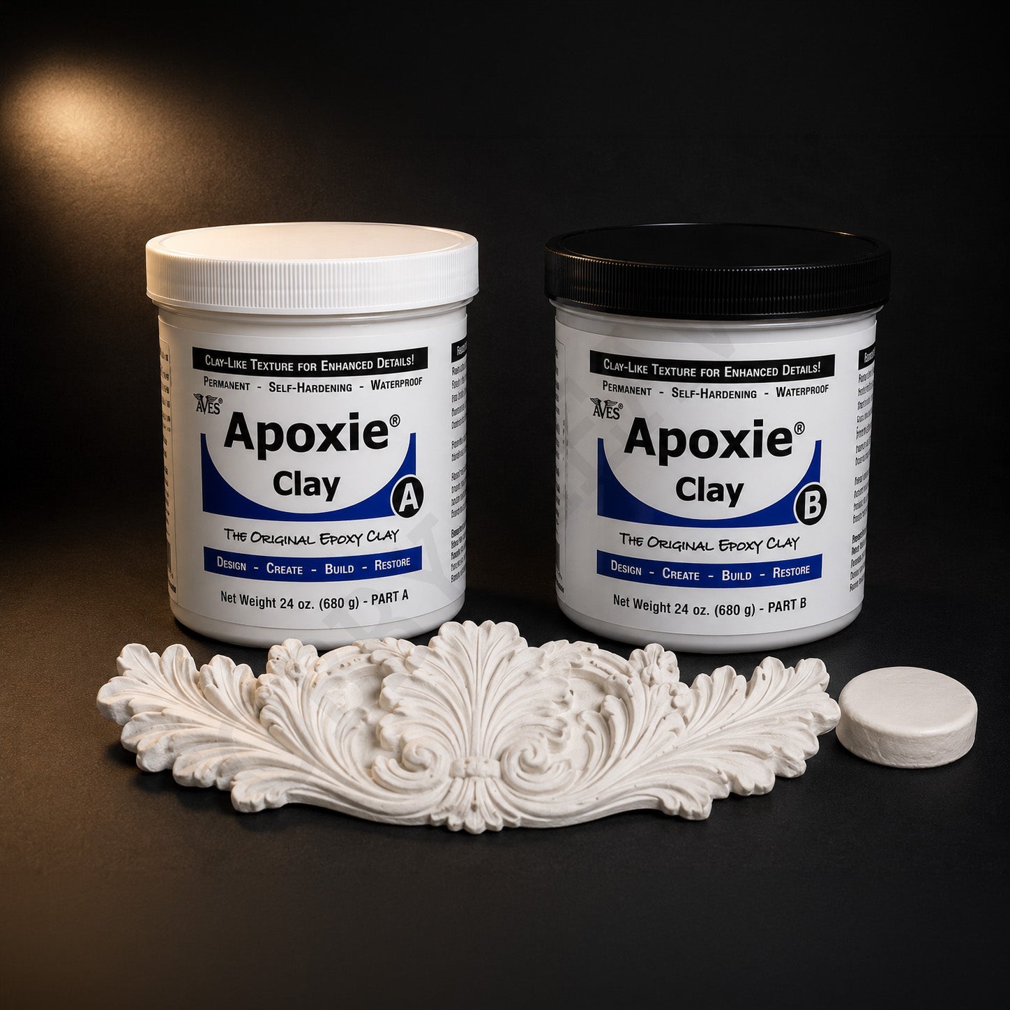 Aves Apoxie Clay 3 lb kit: Part A and Part B 24 oz jars with a cured white acanthus ornament and disc