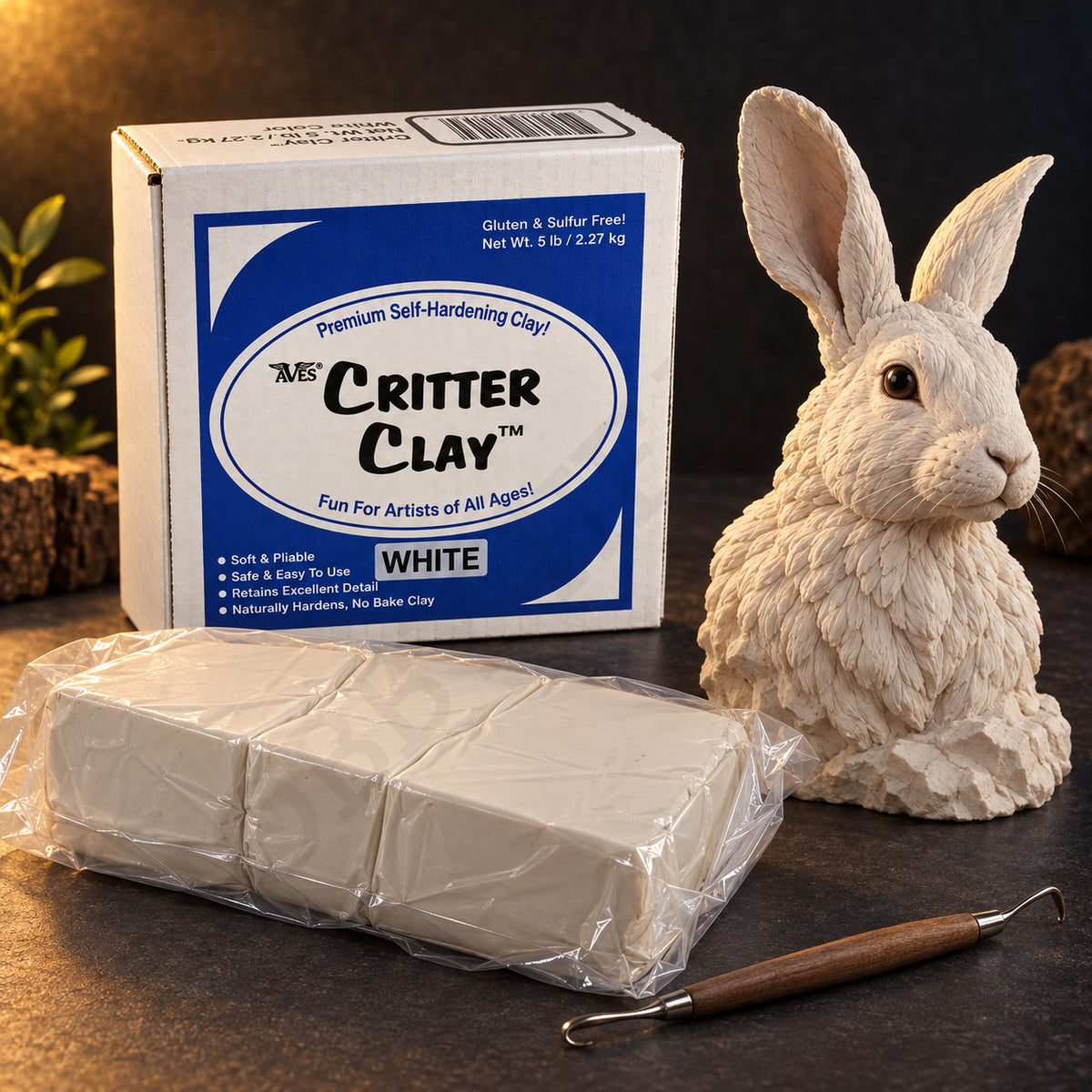 Aves Critter Clay 5 lb White box with white clay blocks in film wrap, a sculpting tool and a sculpted hare