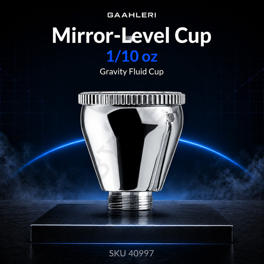 Gaahleri Mirror-Level Cup 1/10 oz, SKU 40997: small mirror-polished gravity fluid cup on a dark studio stage
