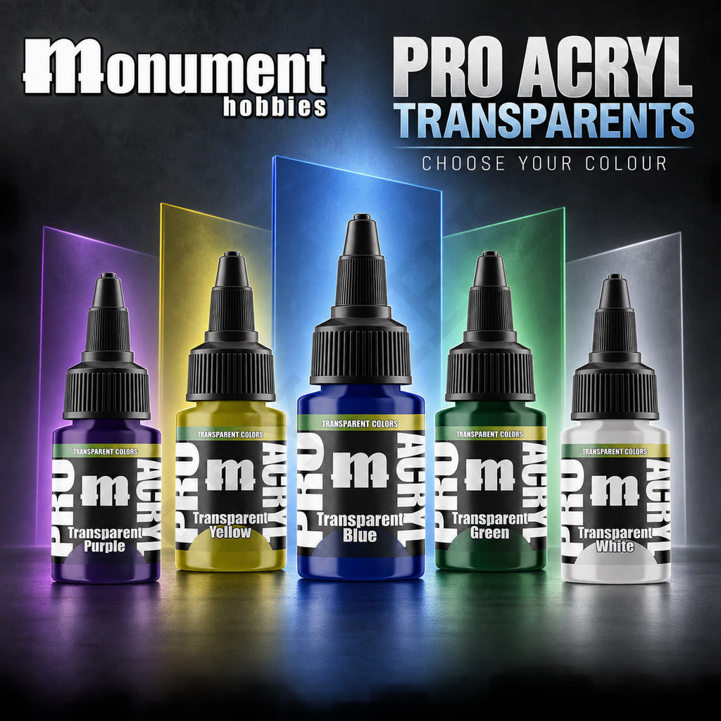Monument Hobbies Pro Acryl Transparent range — 22ml bottles in assorted colours
