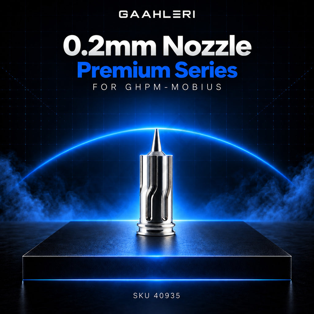 Gaahleri 0.2mm Nozzle, Premium Series for GHPM-Mobius, SKU 40935: polished airbrush nozzle on a dark studio stage