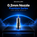 Gaahleri 0.2mm Nozzle, Premium Series for GHPM-Mobius, SKU 40935: polished airbrush nozzle on a dark studio stage