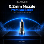 Gaahleri 0.2mm Nozzle, Premium Series for GHPM-Mobius, SKU 40935: polished airbrush nozzle on a dark studio stage