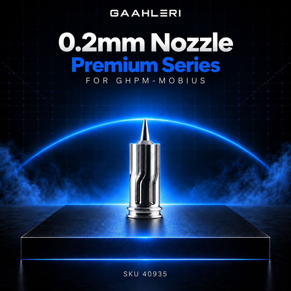 Gaahleri 0.2mm Nozzle, Premium Series for GHPM-Mobius, SKU 40935: polished airbrush nozzle on a dark studio stage