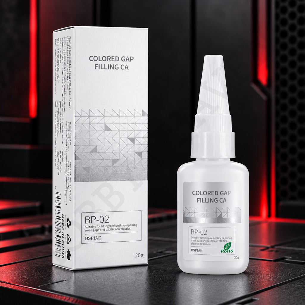 DSPIAE BP-02 Colored Gap Filling CA, white 20 g bottle beside its white and silver box
