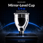 Gaahleri Mirror-Level Cup 1/4 oz, SKU 40546: tall mirror-polished gravity fluid cup on a dark studio stage