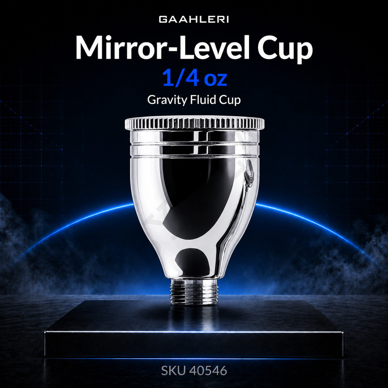 Gaahleri Mirror-Level Cup 1/4 oz, SKU 40546: tall mirror-polished gravity fluid cup on a dark studio stage
