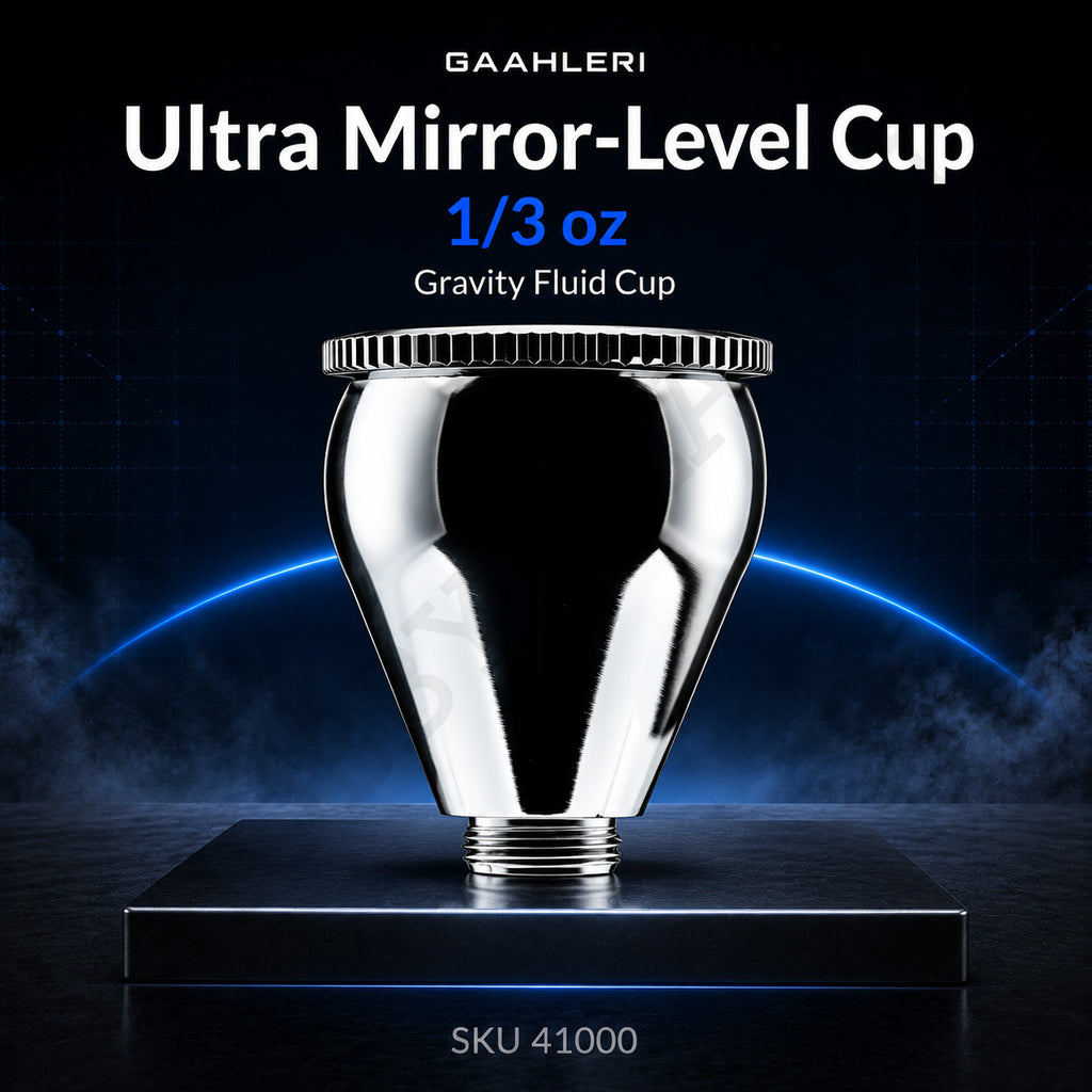 Gaahleri Ultra Mirror-Level Cup 1/3 oz, SKU 41000: mirror-polished gravity fluid cup on a dark studio stage