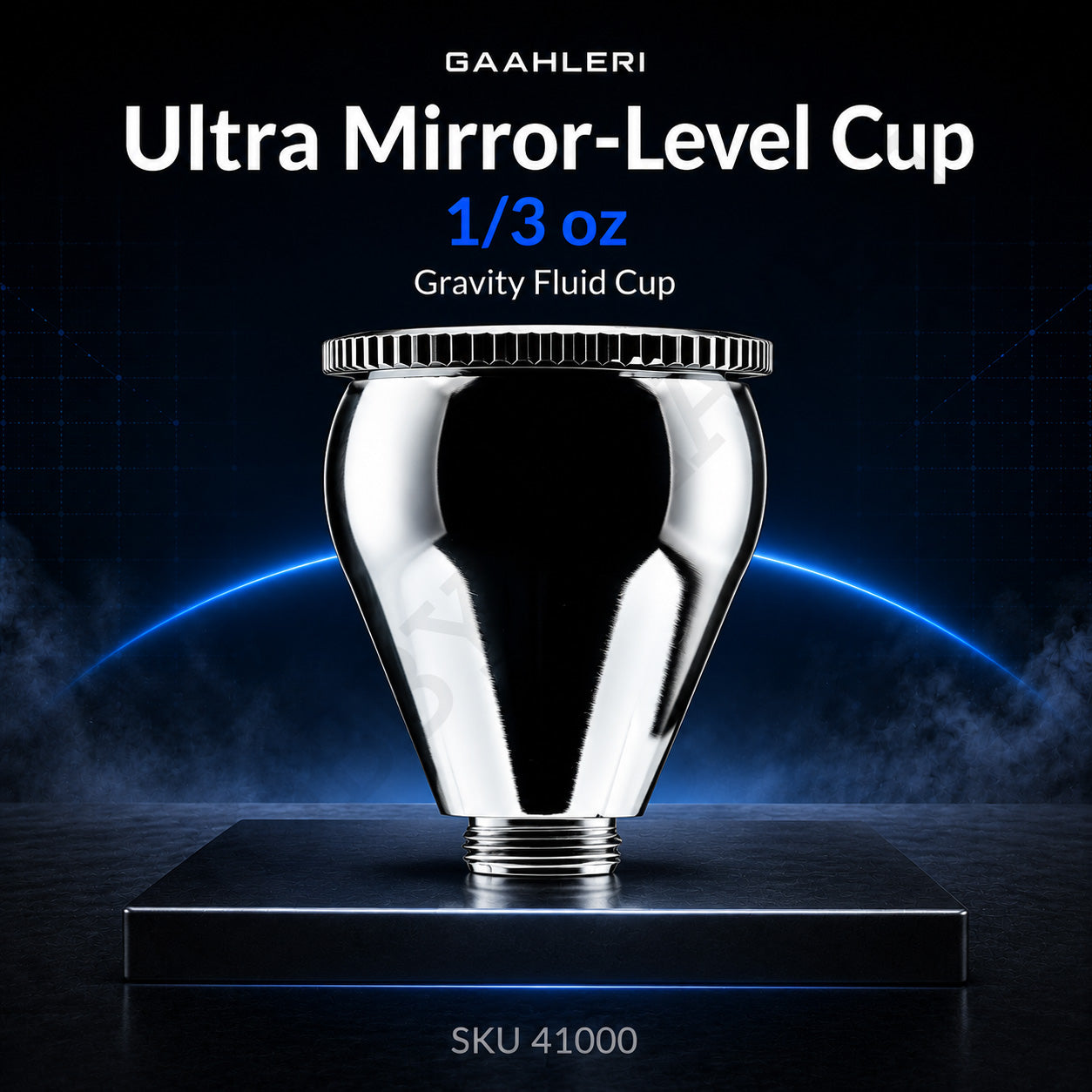 Gaahleri Ultra Mirror-Level Cup 1/3 oz, SKU 41000: mirror-polished gravity fluid cup on a dark studio stage