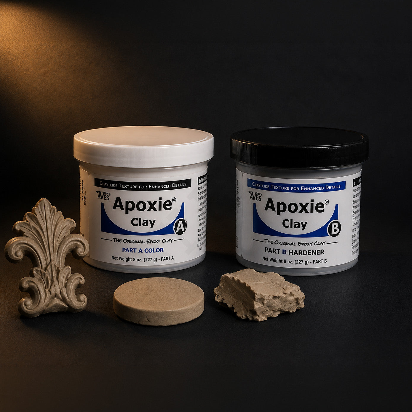 Aves Apoxie Clay 1 lb kit: Part A and Part B 8 oz jars with a cured tan ornament, disc and torn lump
