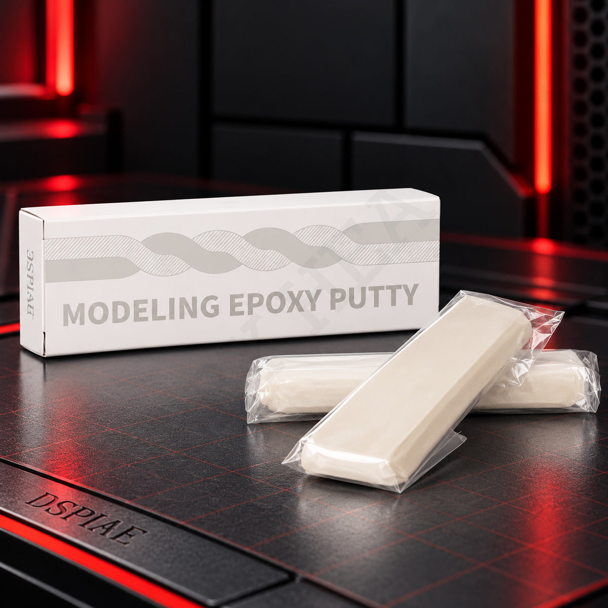 DSPIAE MEP-02 Modeling Epoxy Putty, two white bars in clear wrap in front of the white box