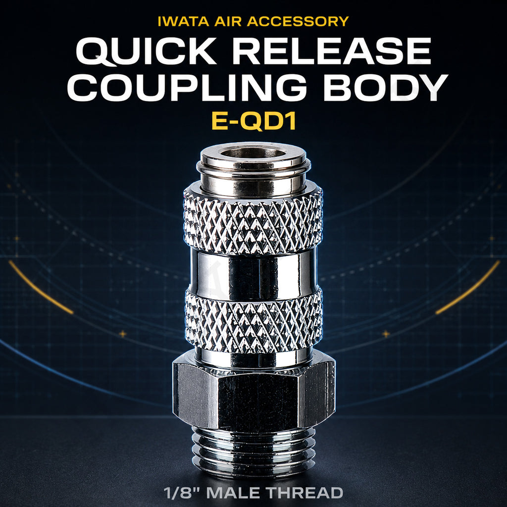 Iwata E-QD1 QuickFit quick-release coupling body, chrome-plated with knurled grip and 1/8 BSP male thread