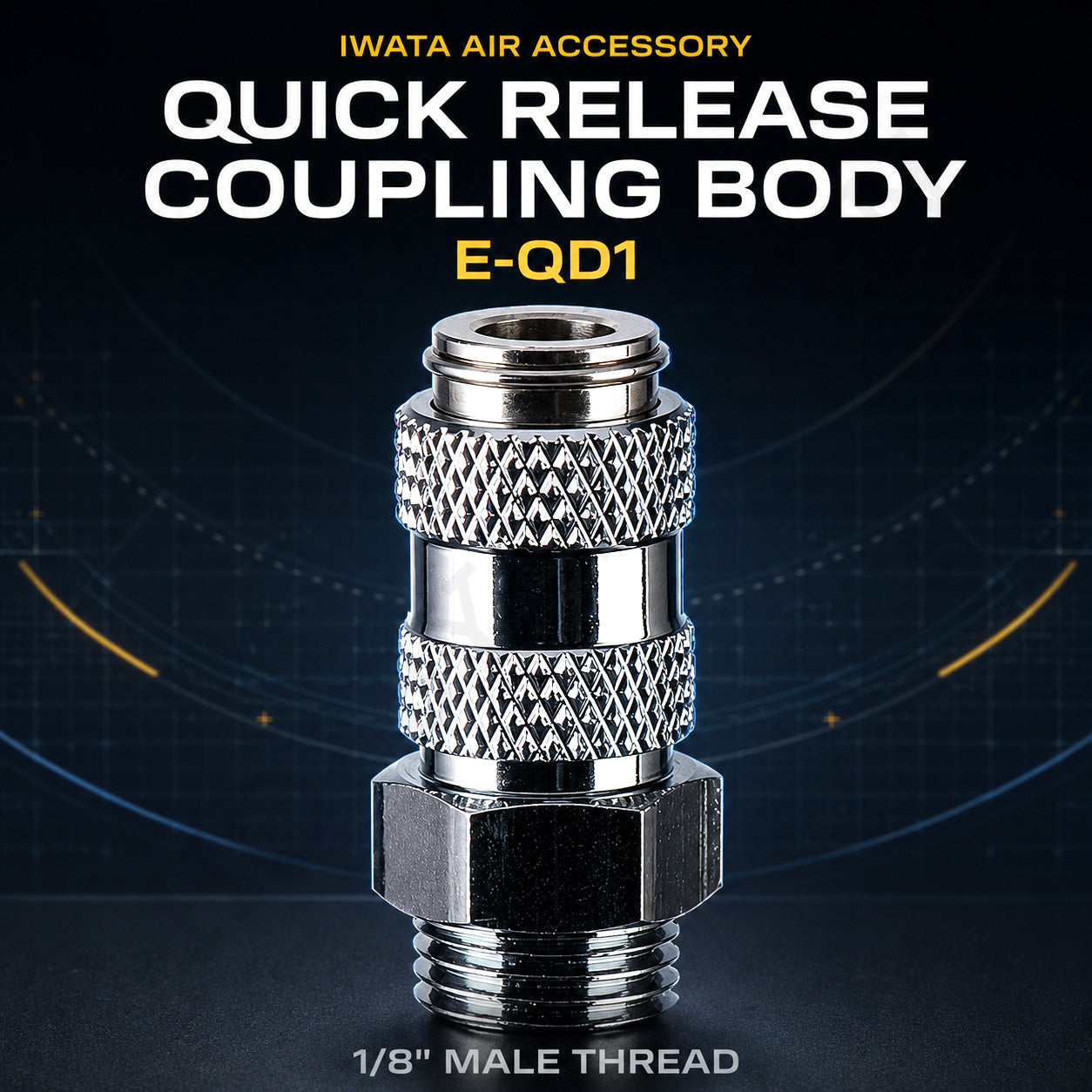 Iwata E-QD1 QuickFit quick-release coupling body, chrome-plated with knurled grip and 1/8 BSP male thread