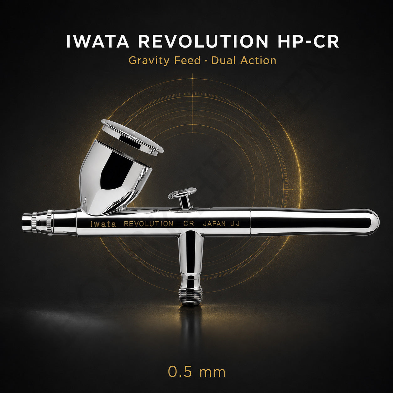 Iwata Revolution CR airbrush side-on against black, lidded 7 ml gravity cup, engraved iwata REVOLUTION CR