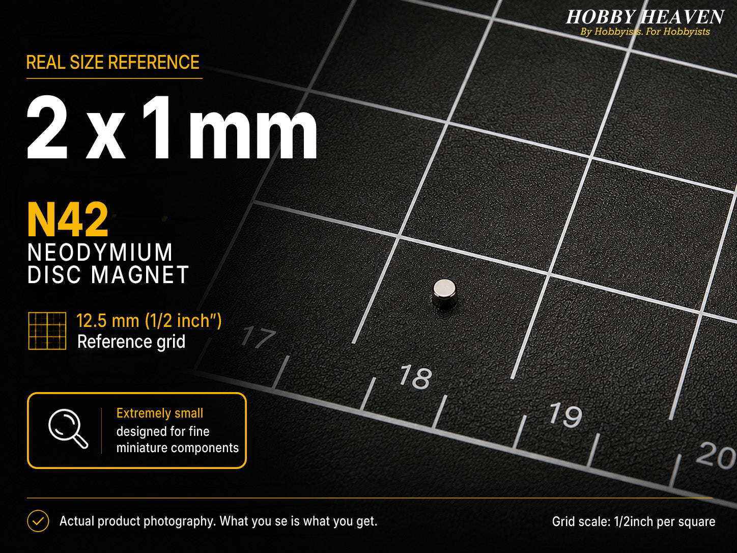 Single 2 x 1 mm N42 neodymium disc magnet shown at real size on a half-inch reference grid