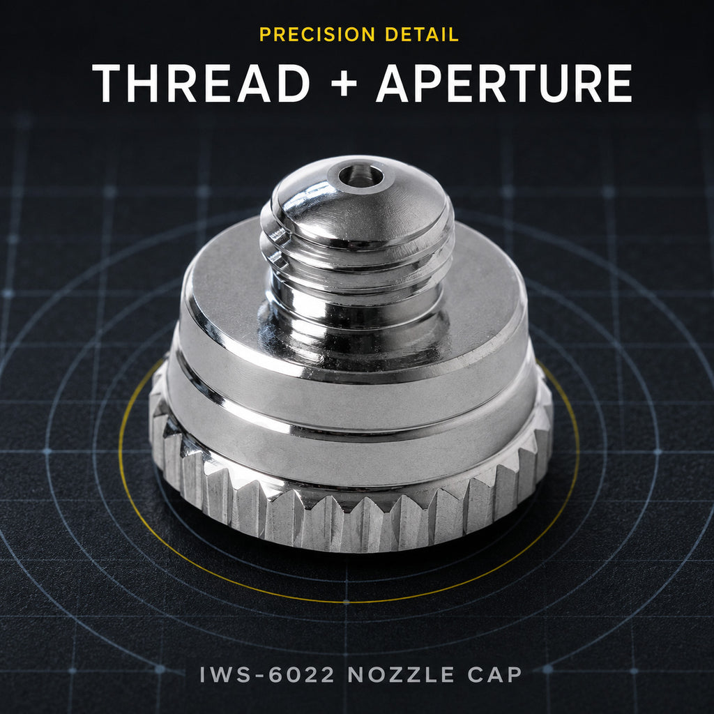 Iwata IWS-6022 nozzle cap viewed from above on cutting mat, showing the threaded stem and needle aperture at the tip