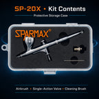 SP-20X kit laid out in its clear hinged case: the airbrush, a single-action air valve and a cleaning brush in foam