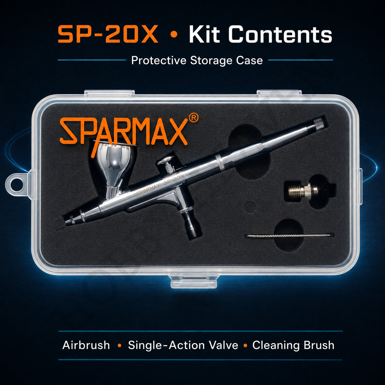 SP-20X kit laid out in its clear hinged case: the airbrush, a single-action air valve and a cleaning brush in foam