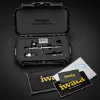 Custom Micron CM-C2 in its open hard case with the pistol-grip filter, a tube of Iwata Lube and a microfibre cloth