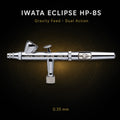 Iwata Eclipse HP-BS airbrush side-on against black, small 1.5 ml gravity cup, engraved iwata Eclipse HP-BS