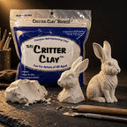 Aves Critter Clay 1 lb White bag with a lump of clay, a roughed-out hare bust and a finished hare sculpture